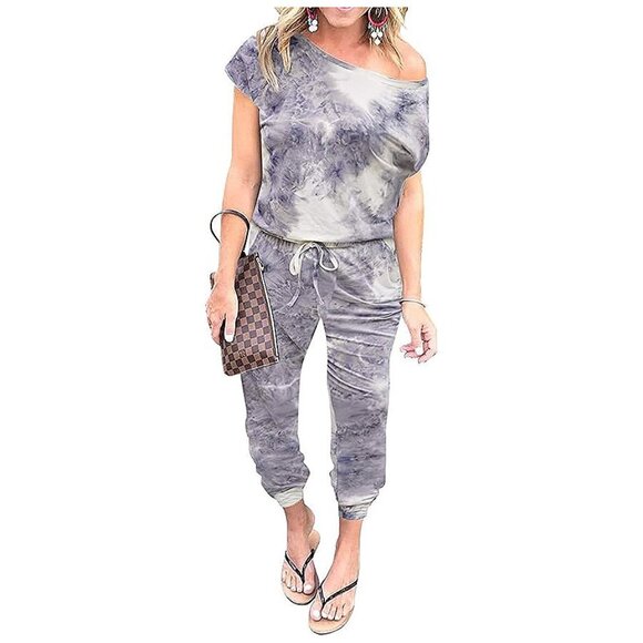 Pants - Women's Loose Solid Off Shoulder Elastic Waist Stretchy Tie Dye-grey